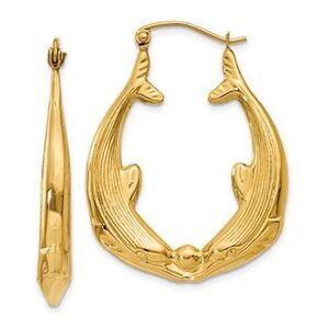 14k Polished Dolphin Hoop Earrings, Brand New
